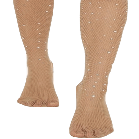 Footed Diamante Fishnet Stockings in Sand Colour