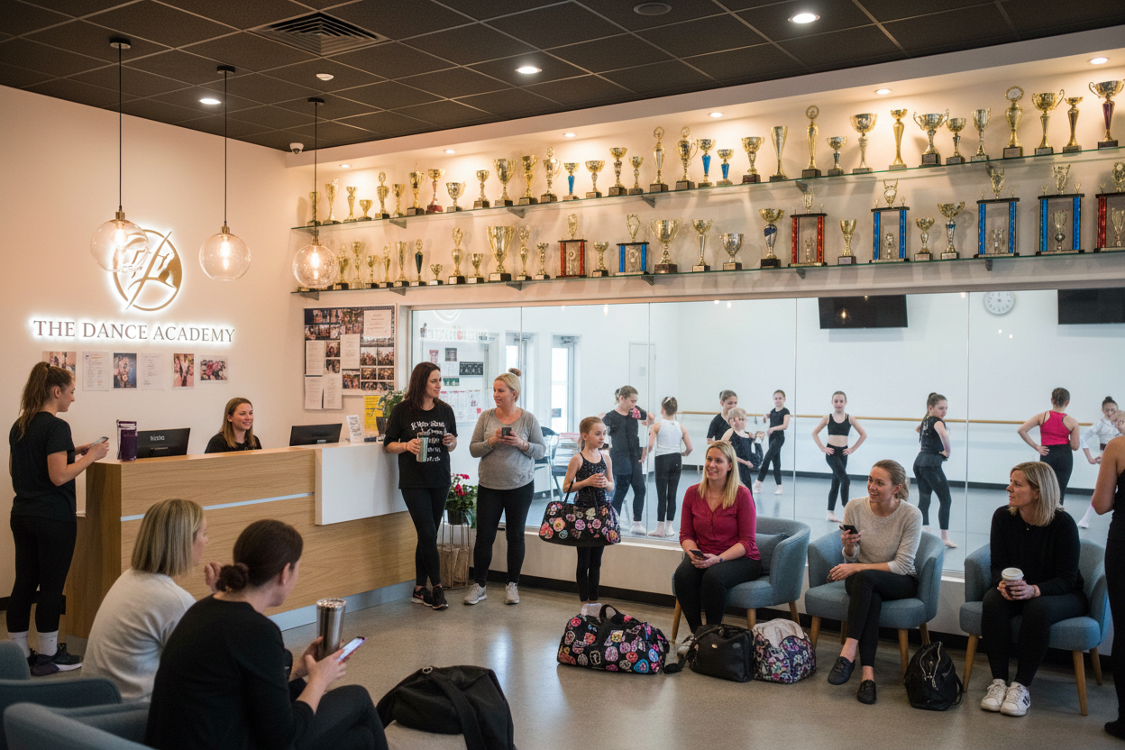  Busy dance school reception and waiting area with parents and children in dancewear