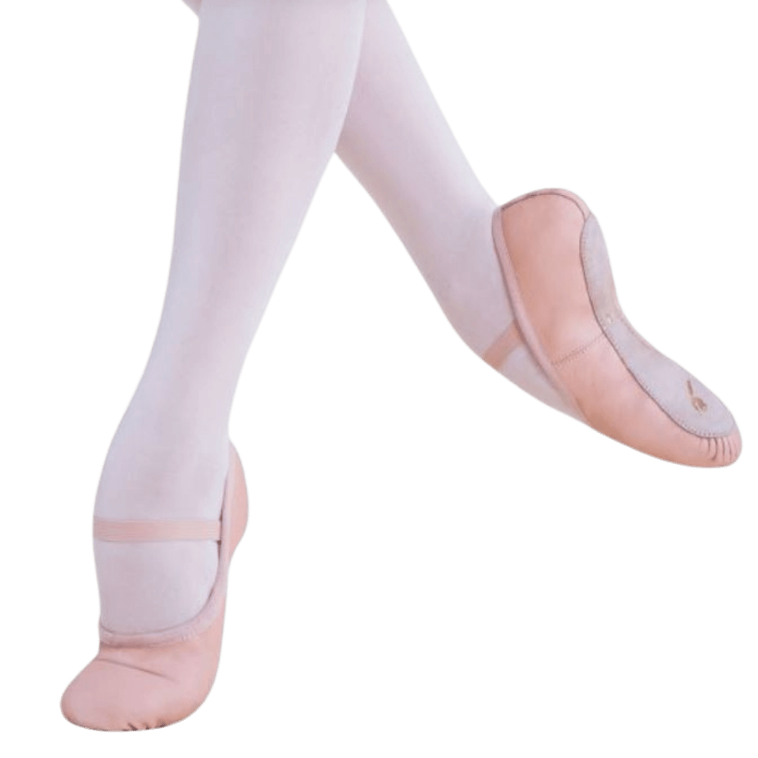 Dancer's legs wearing theatrical pink tights and a pair of pink full sole ballet shoes