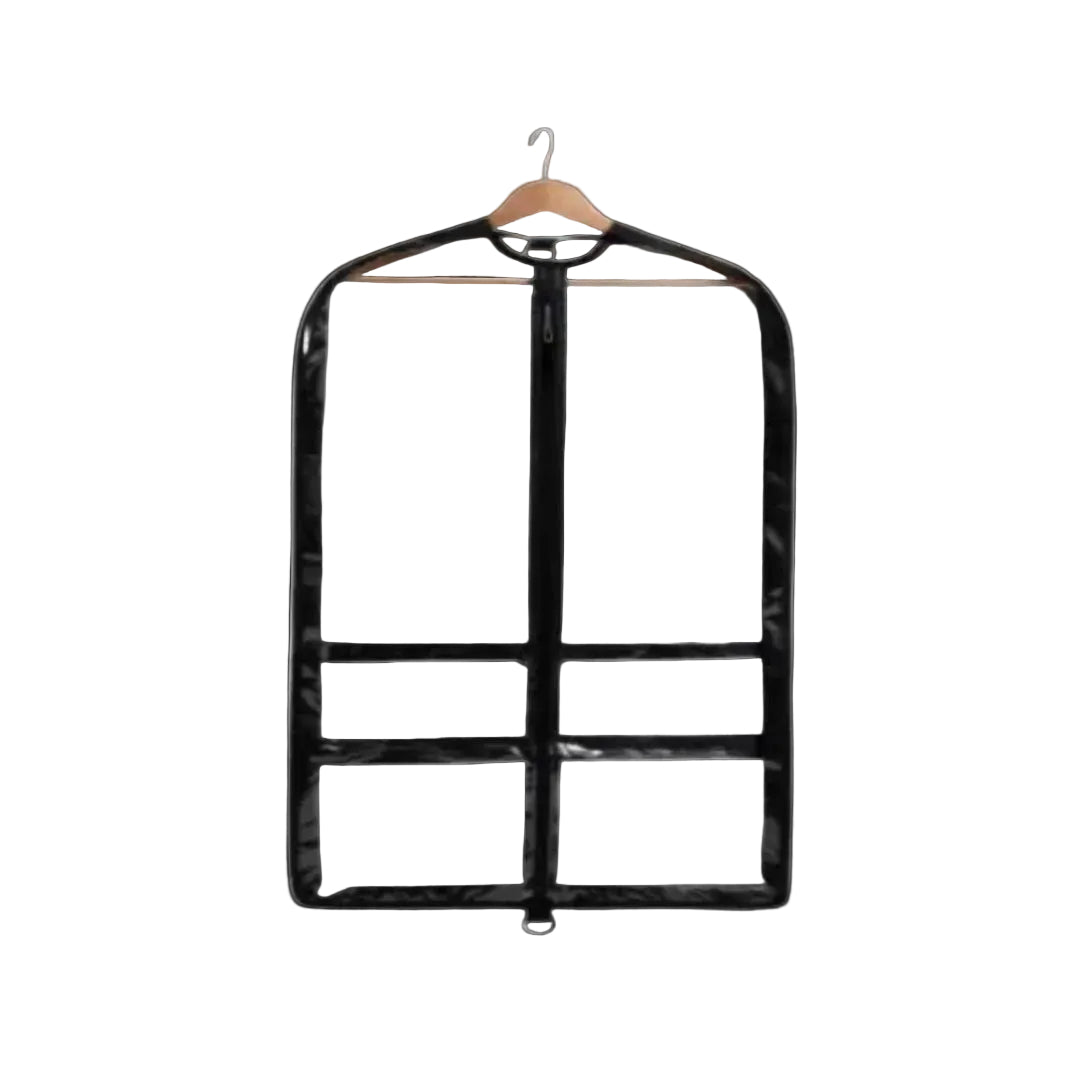 A Clear Garment Bag with blue piping containing a pink dance costume