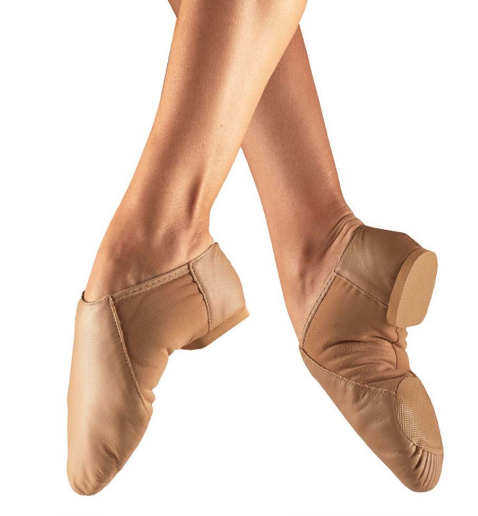 Dancer's legs with So Danca caramel jazz shoes on their feet