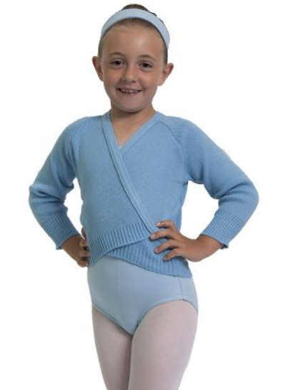 Little Dancer wearing pink ballet tights, ballet blue leotard and a ballet blue woolen ballet wrap
