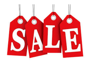 Four red clothing swing tags that spell out the word SALE
