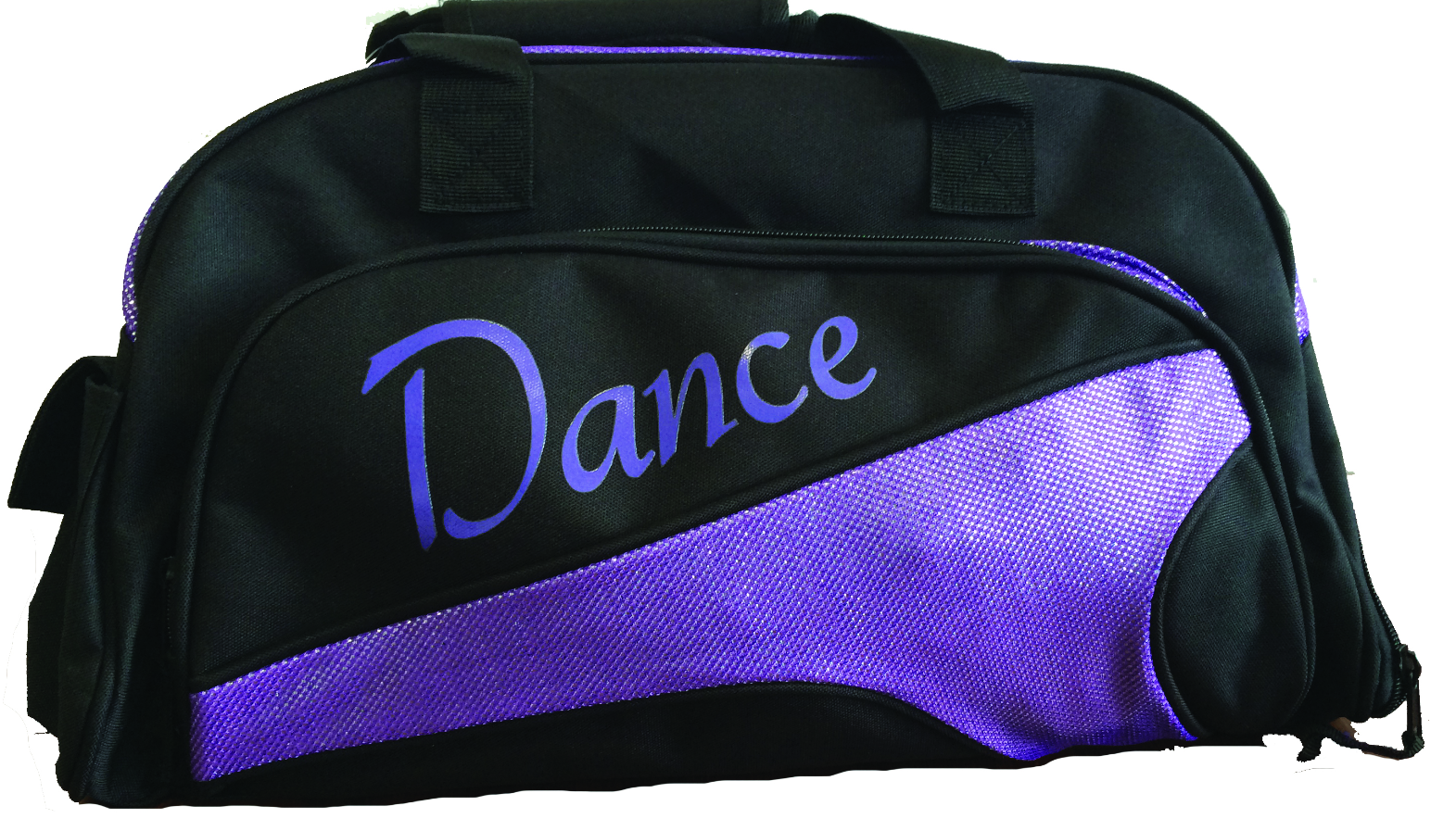 Sports bag in black and purple with the word "Dance" written across it