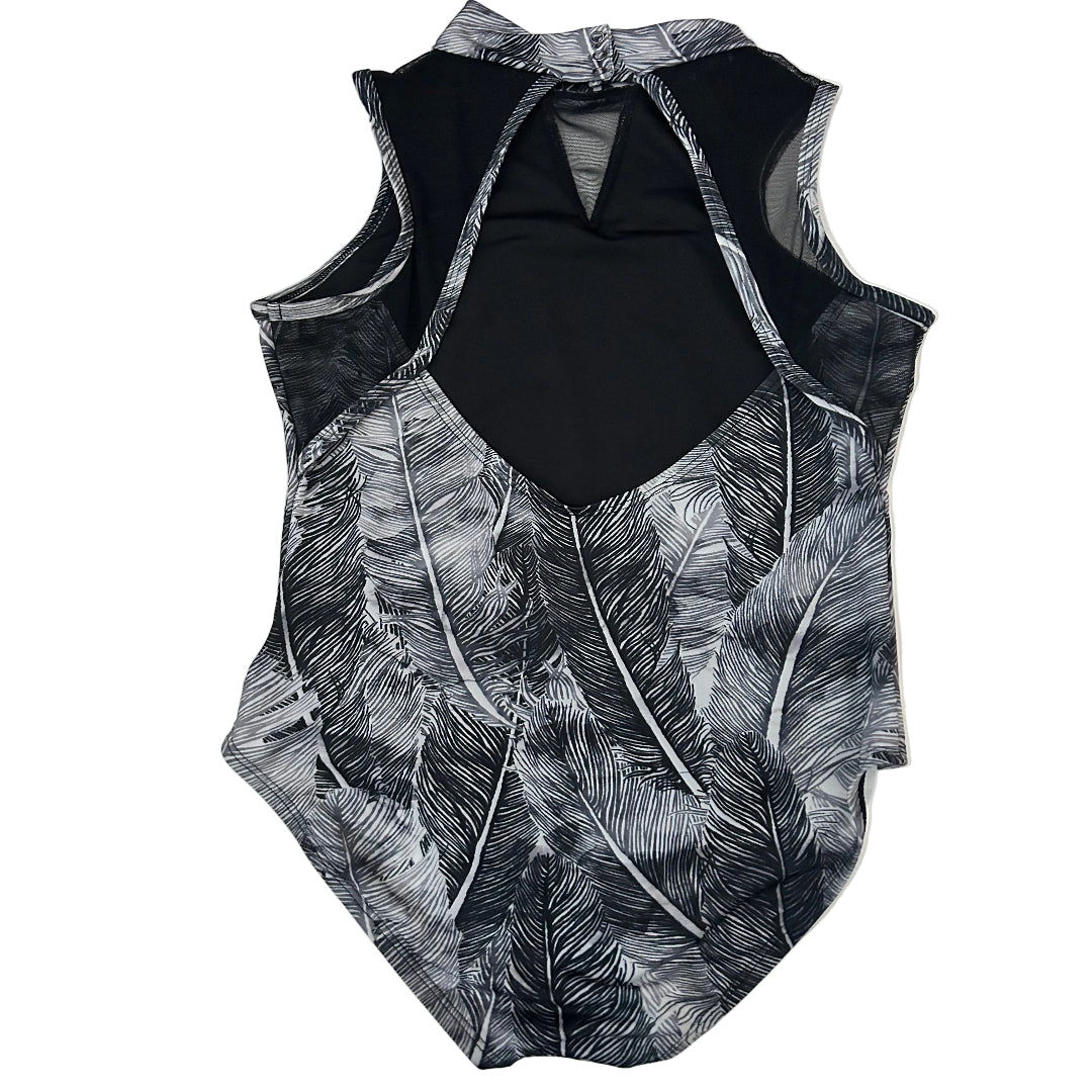 Rear view of a sleeveless one-piece leotard with a black, gray, and white feather print, laid flat on a white surface with a product tag attached.