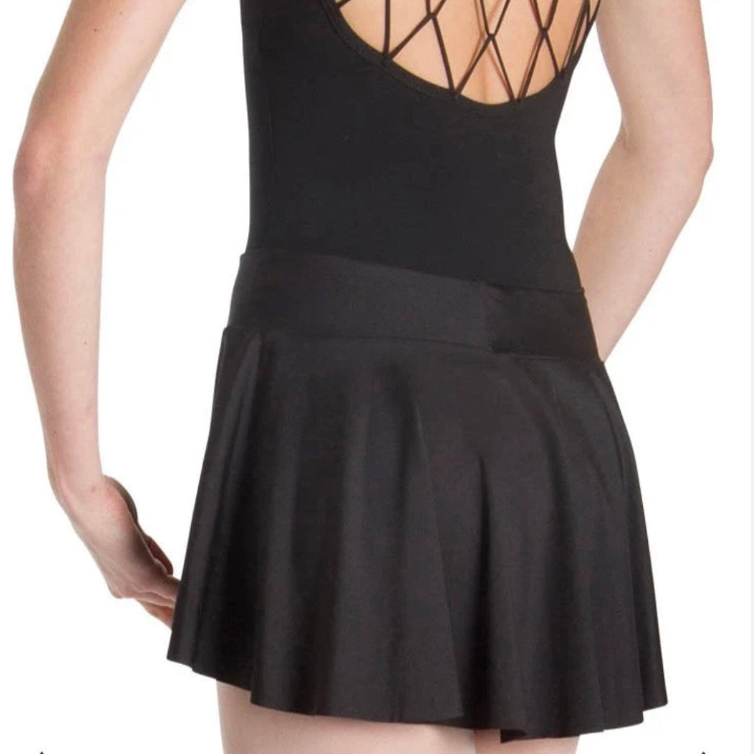 A black ballet skirt shown on a model from the back against a white background.
