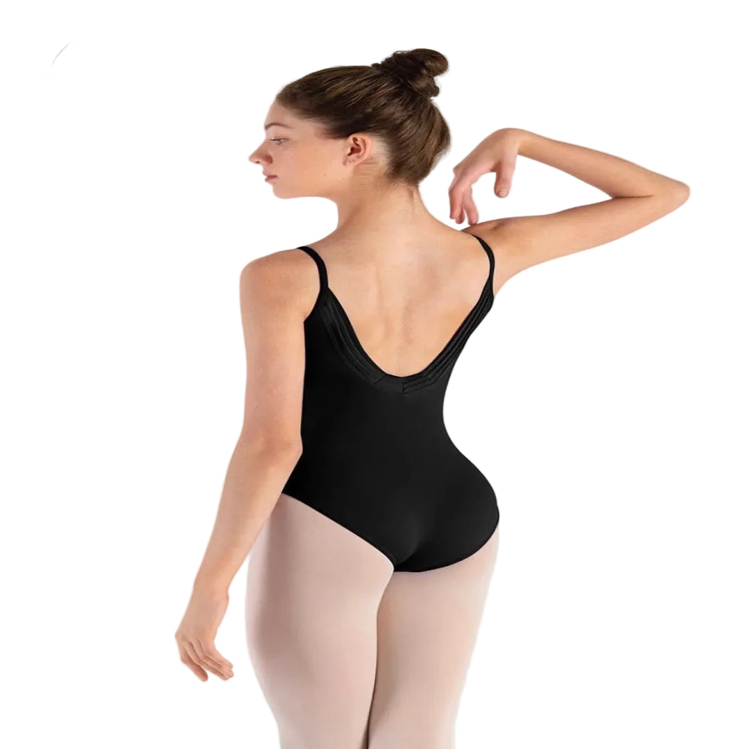 Rear view of black ballet leotard