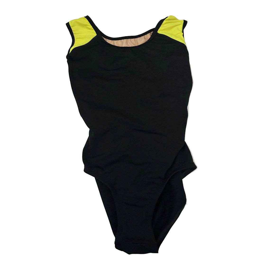 A black sleeveless leotard laid flat on a white surface, featuring bright neon yellow panels on the shoulders and black trim.