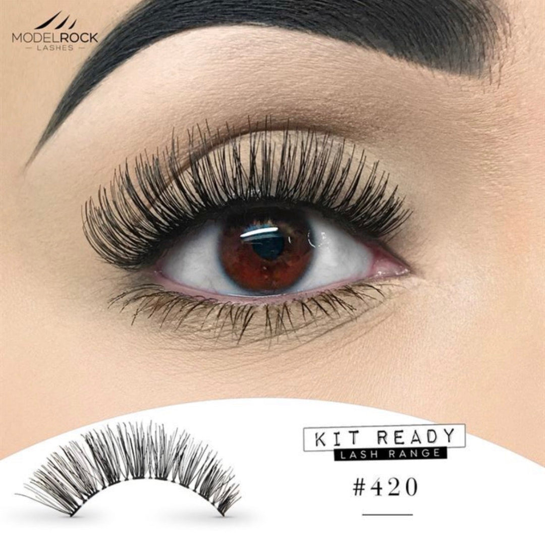 Close-up of an eye with false eyelashes and Model Rock branding.