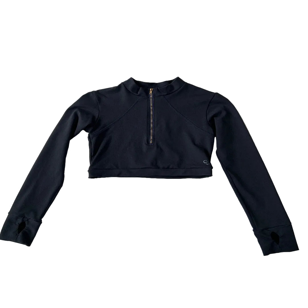 Rear view of a dark navy long-sleeve crop top with a half-zip, laid flat 