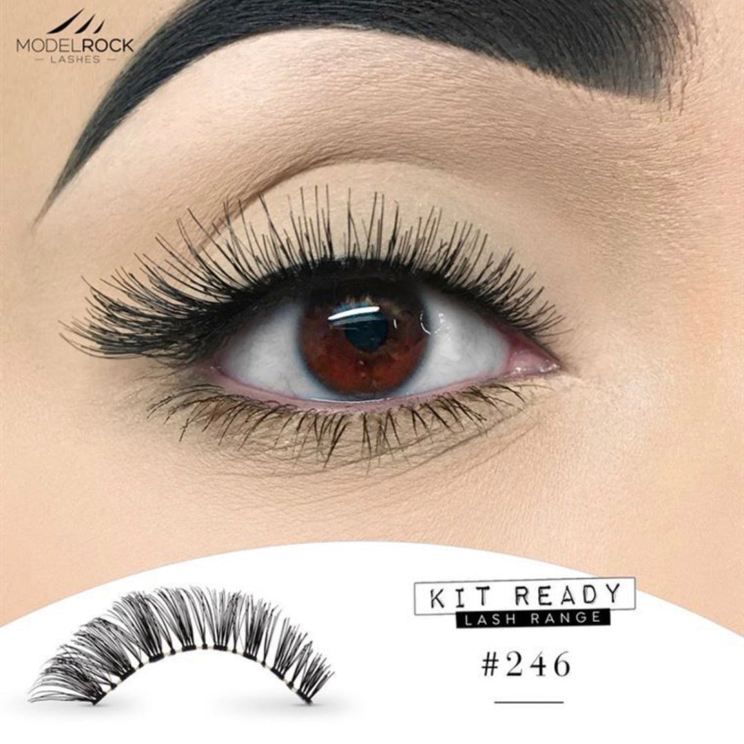 Close-up of an eye with false eyelashes and a Model Rock lash kit labeled #246.