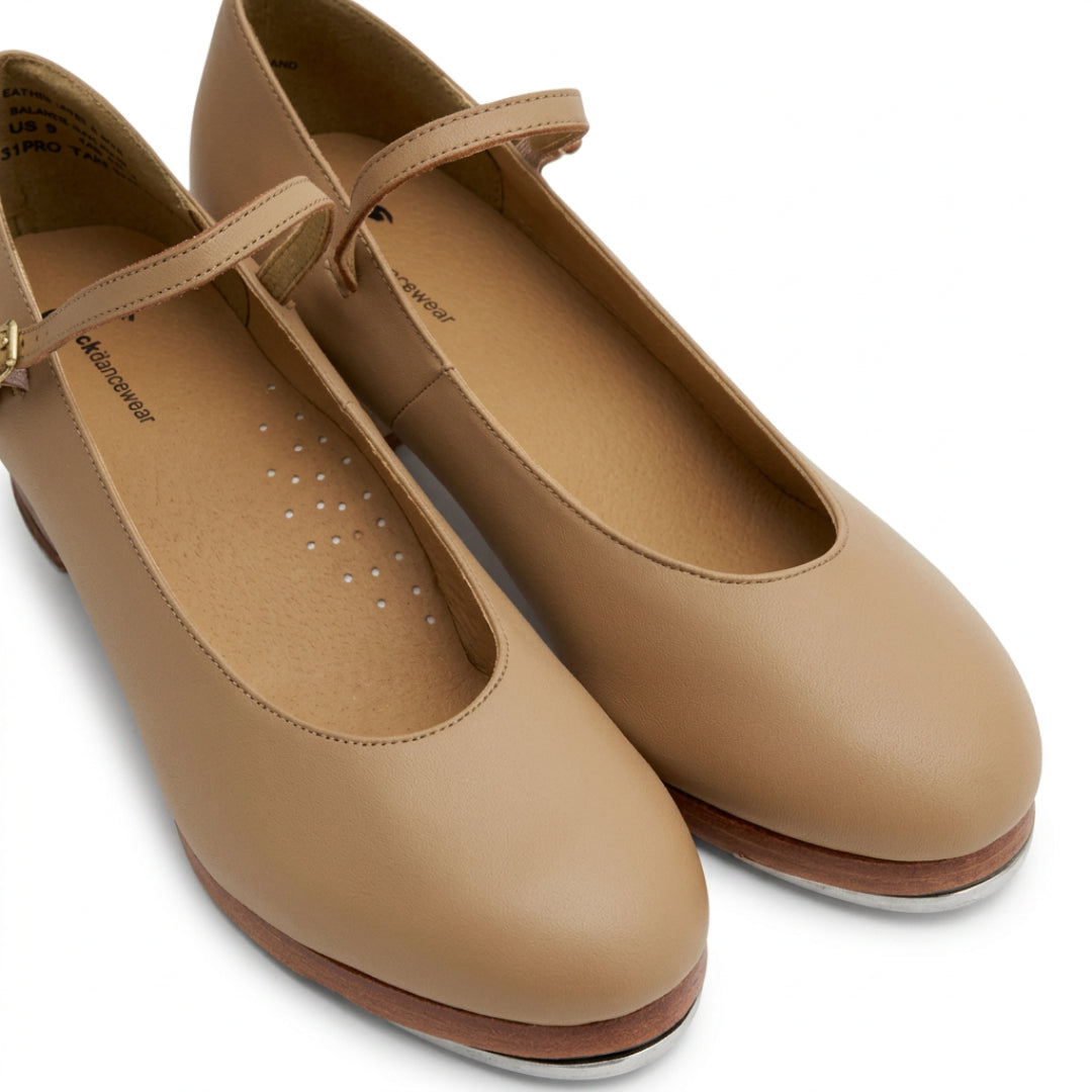 Top view of a pair of Slick High Heel Double Sole Tan Tap Shoes