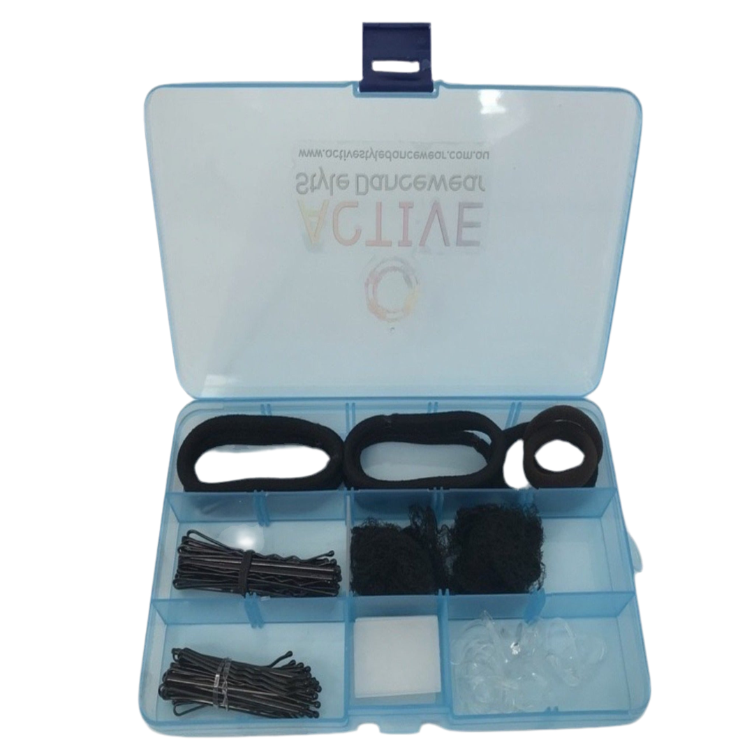 Blue storage case containing black hair accessories for dance