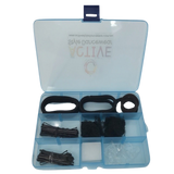 Blue storage case containing black hair accessories for dance