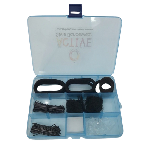 Blue storage case containing black hair accessories for dance