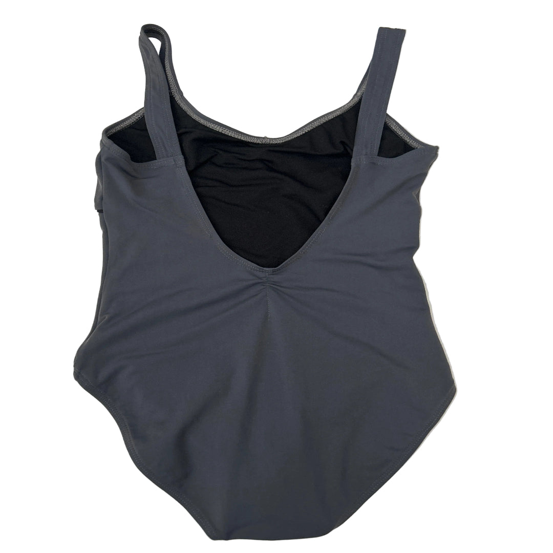 The rear view of a steel gray leotard with a scoop, ruched back with wide shoulder straps, laid flat on a white background.