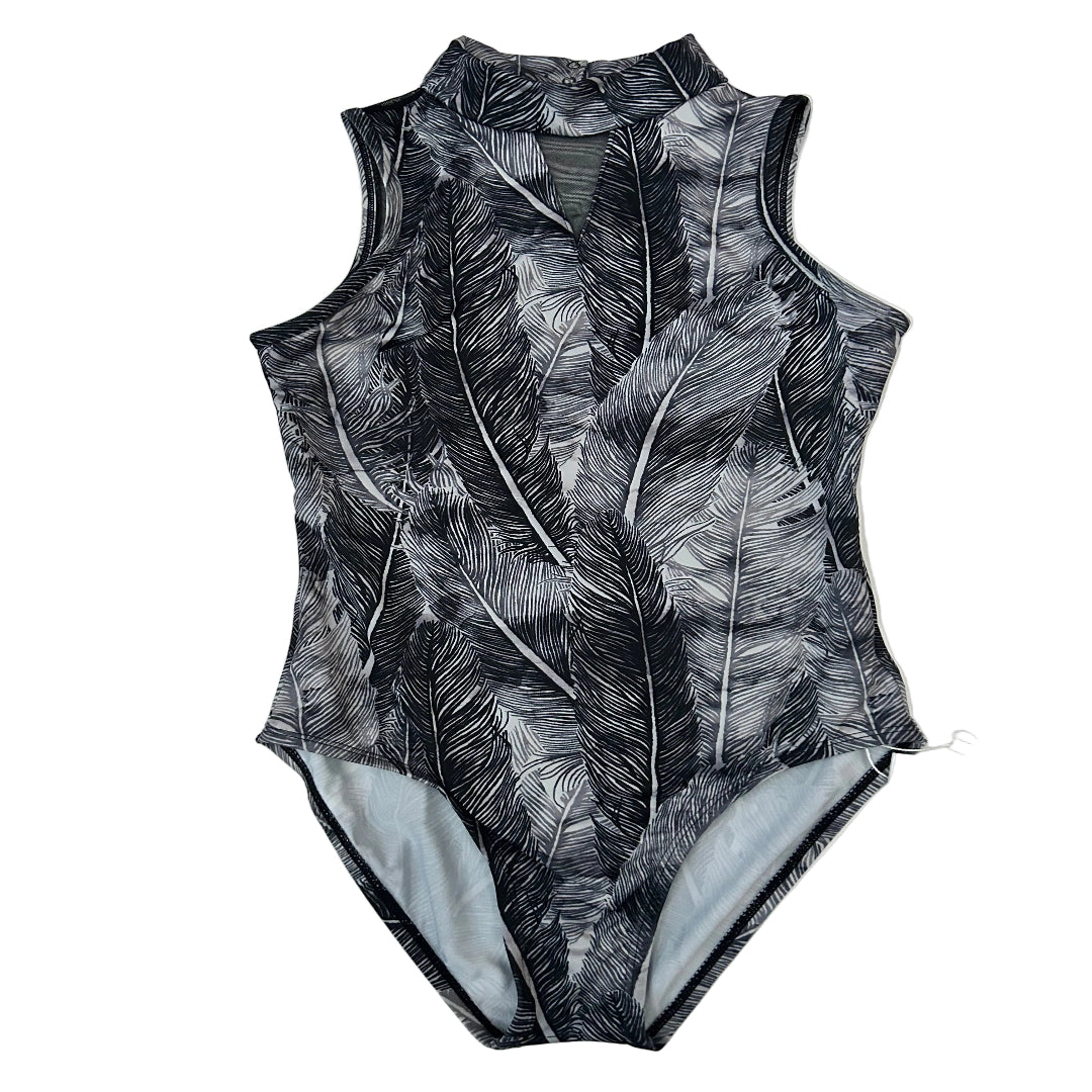 A sleeveless one-piece leotard with a black, gray, and white feather print, laid flat on a white surface with a product tag attached.