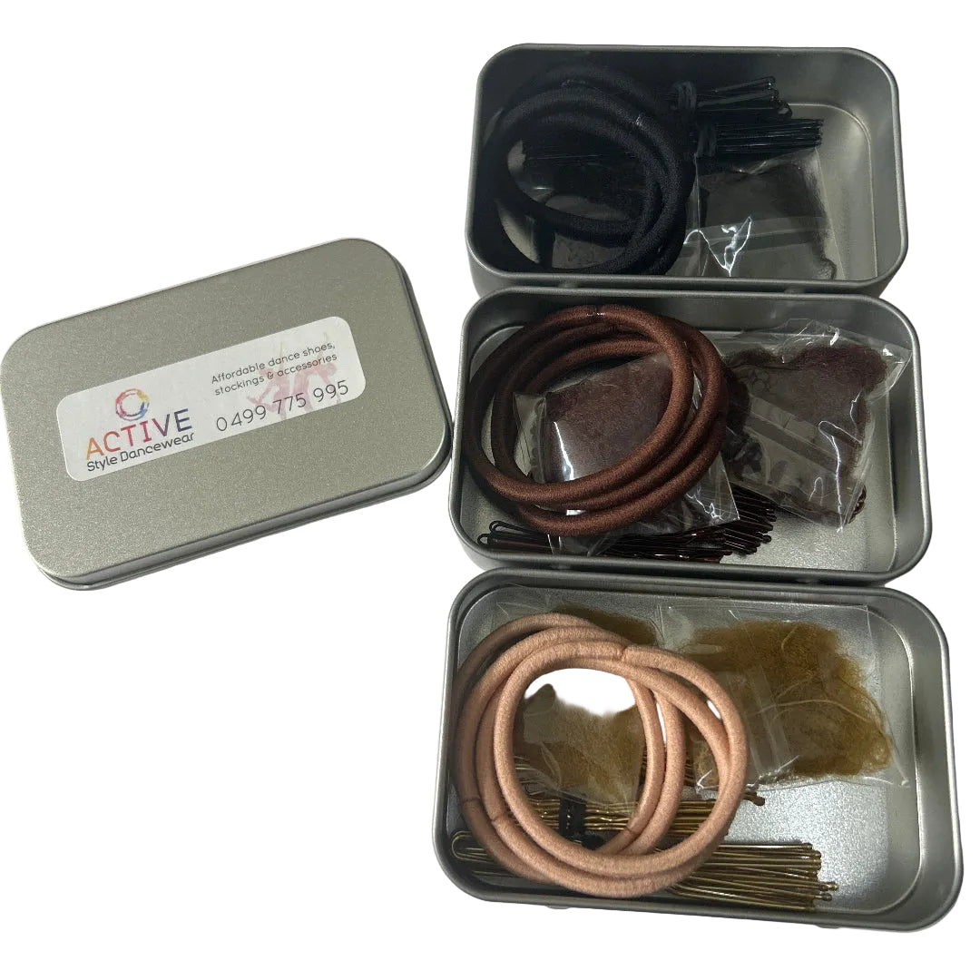 3 small silver tins with blonde, brown and black hair accessories