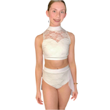 Dancer wearing a Costume - white lace top and skirt set 