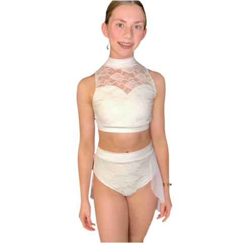 Dancer wearing a Costume - white lace top and skirt set 