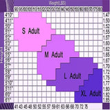 Tight chart showing height and weight ranges for adult sizes S, M, L, and XL with corresponding weight limits.