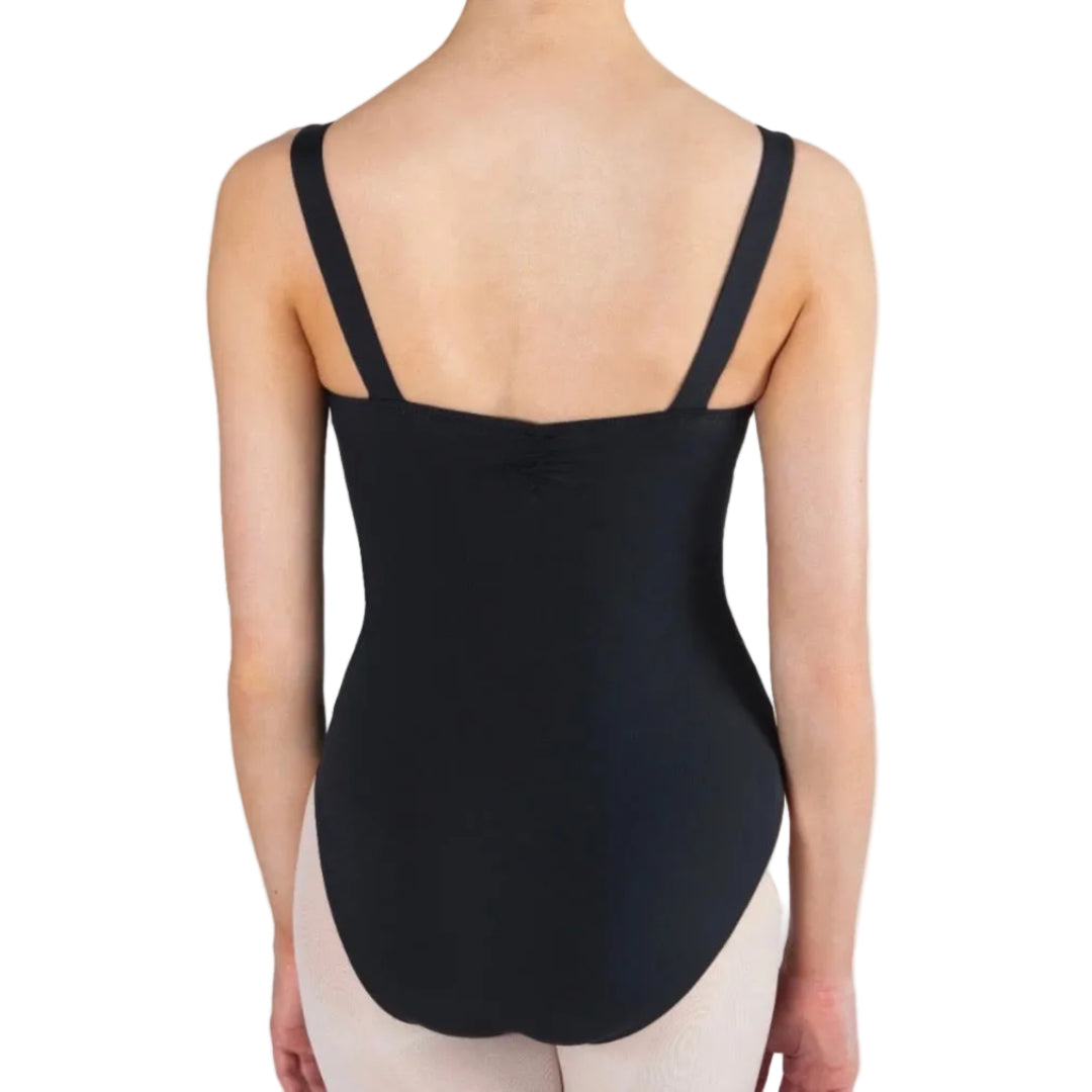 A black leotard shown from the back on a model, featuring double shoulder straps and a gathered back detail, set against a plain white background.