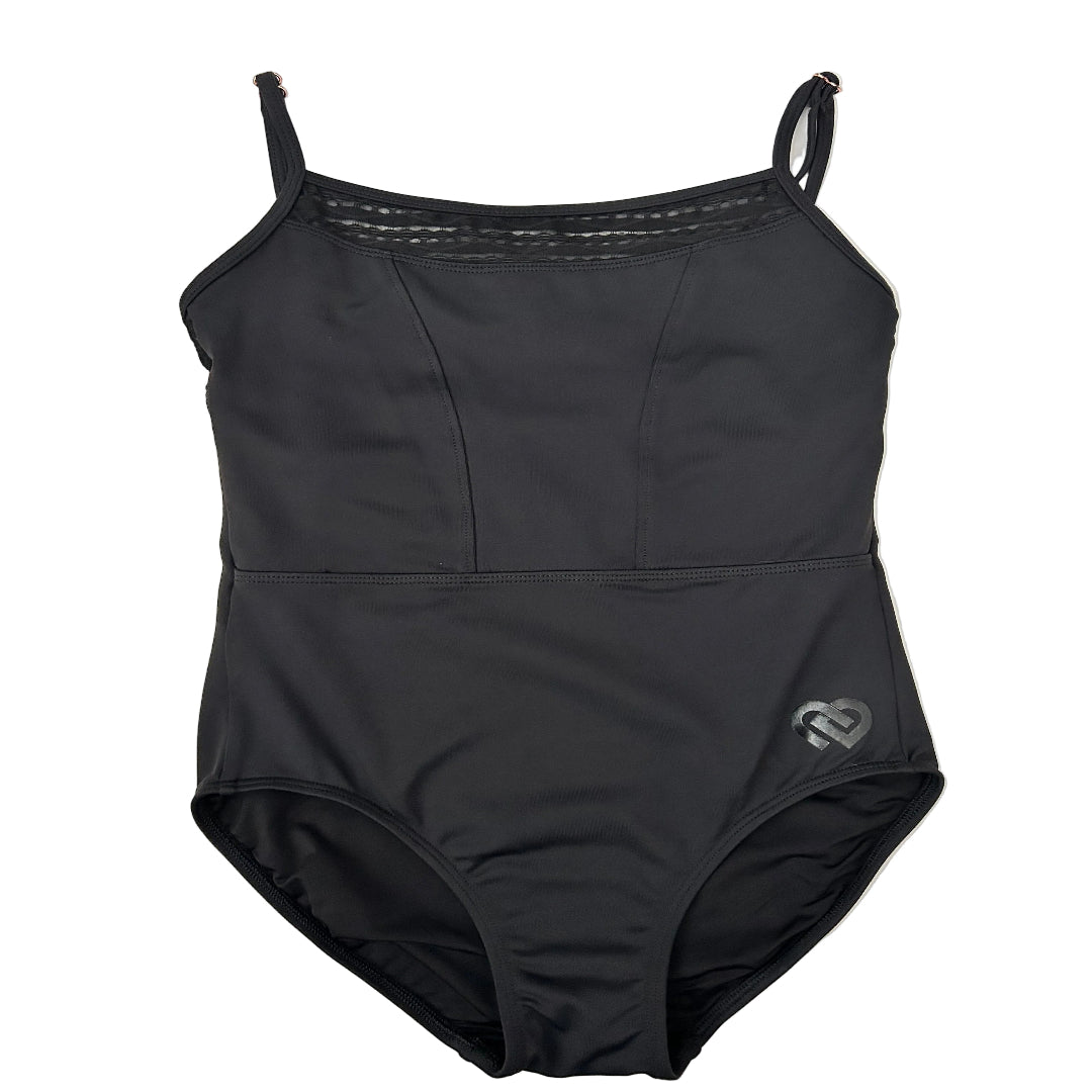 A black leotard with thin shoulder straps, a textured mesh band across the bust, and a small logo on the lower left leg, laid flat on a white surface.