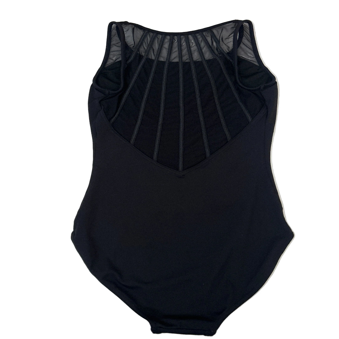 A black sleeveless leotard laid flat on a white surface, featuring a sheer black mesh panels across the upper back.