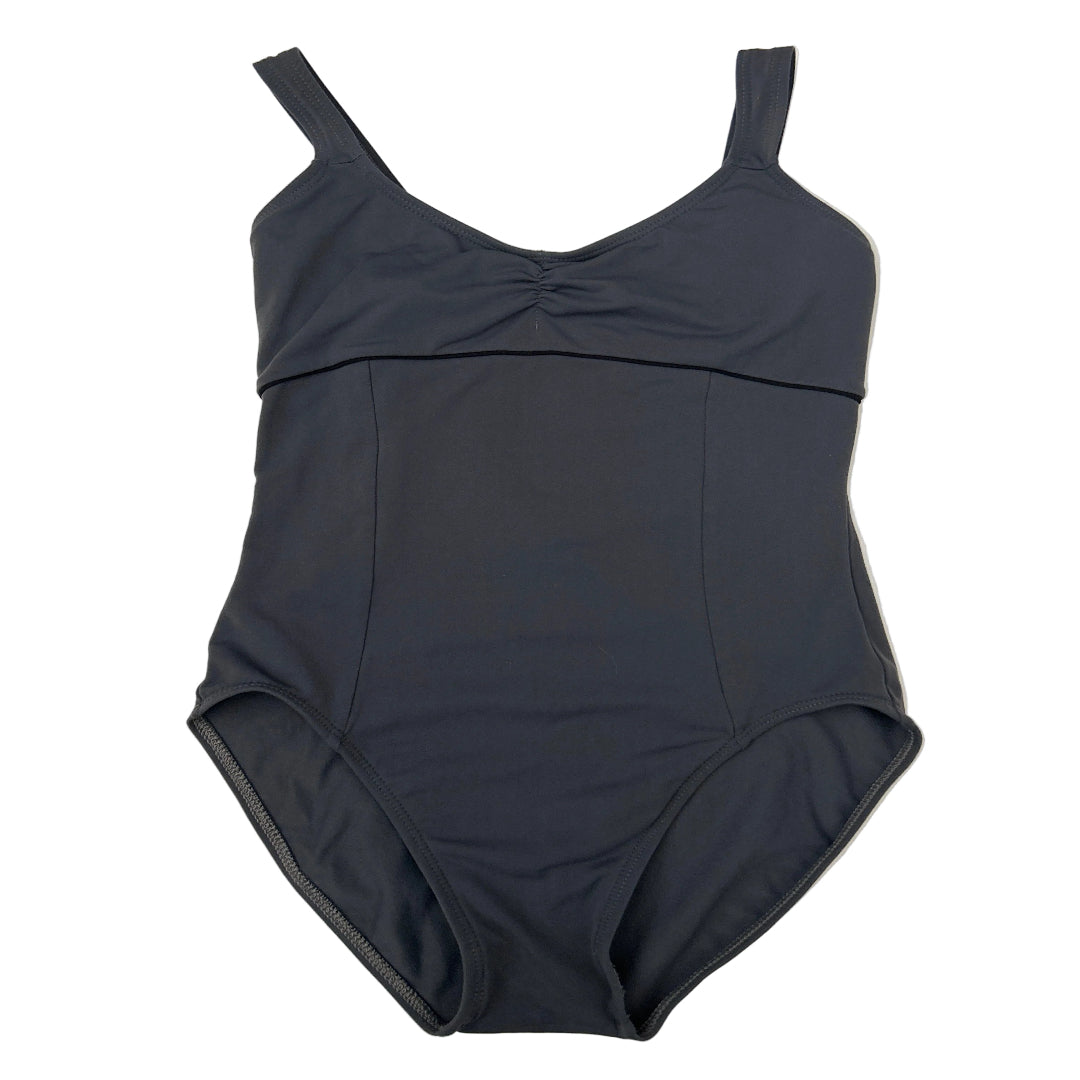 A steel gray leotard with a ruched sweetheart neckline and wide shoulder straps, laid flat on a light off-white background.