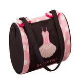 Child's dance bag with pink polka dot design and ballet dress illustration.
