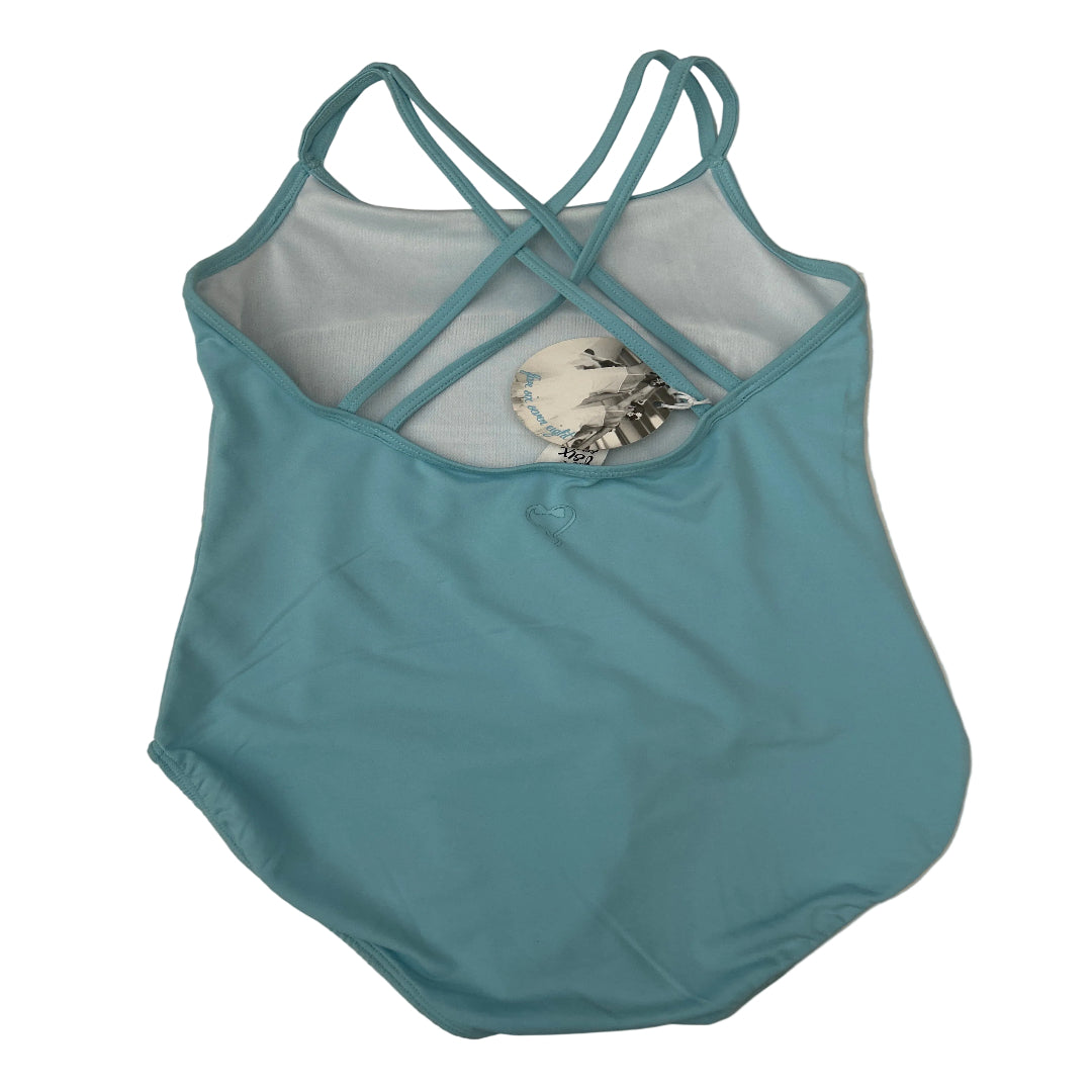 Rear view of a ballet blue leotard with a crossover back neckline, laid flat on a white background.