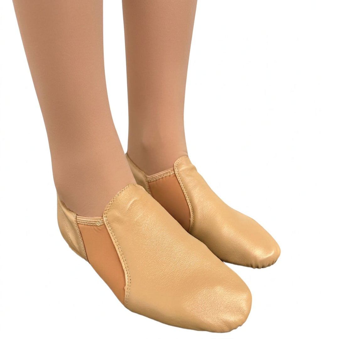 Dancer wearing tan tights and tan jazz shoes