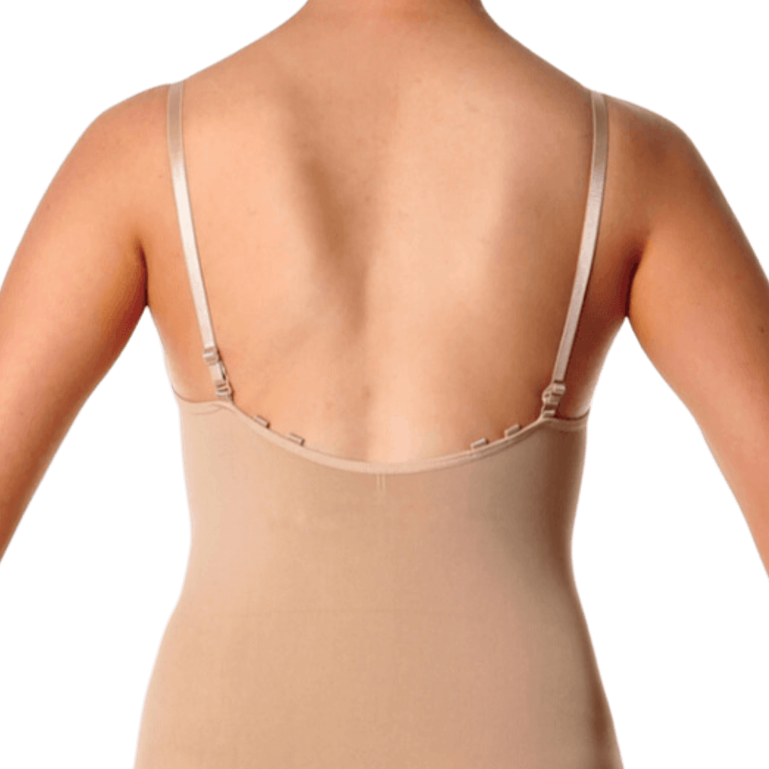 Back view of Tan Bodysuit/Bodystocking with clear straps 
