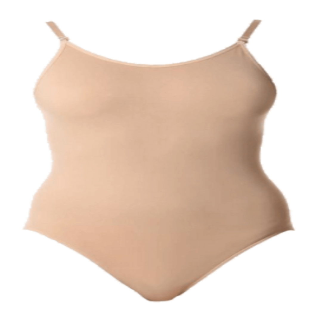 Tan coloured bodysuit/bodystocking with clear shoulder straps
