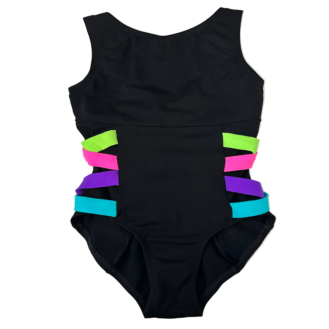 A black sleeveless leotard with colorful side criss cross straps in neon green, pink, purple, and turquoise, laid flat on a white surface.