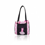 Small black barrel dance bag with pink polka dots