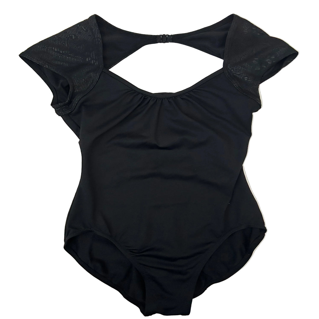 A black leotard with short cap sleeves, featuring a textured panel on the upper shoulders and a keyhole cutout at the back, laid flat on a white background.