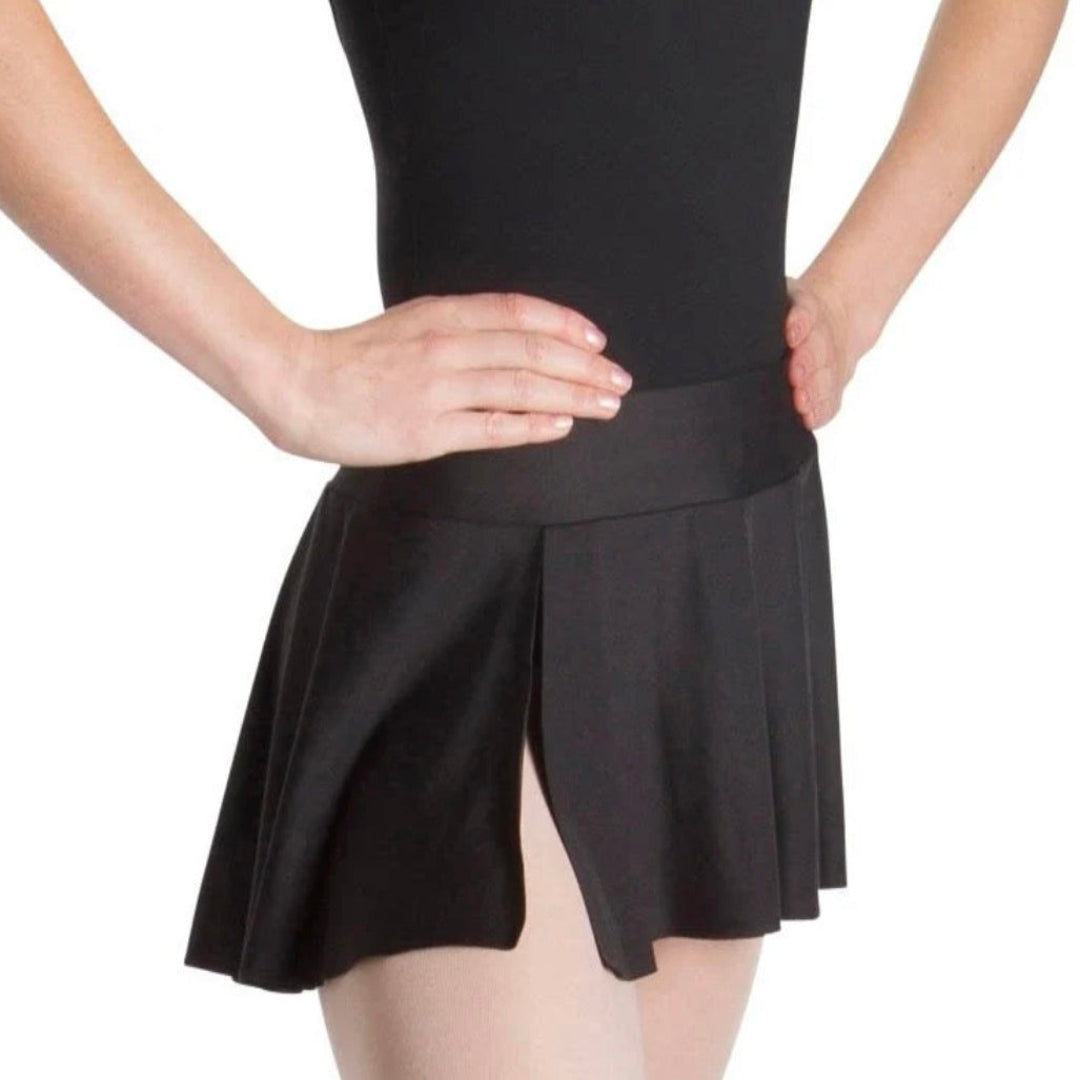 A close-up of a model wearing a black ballet skirt
