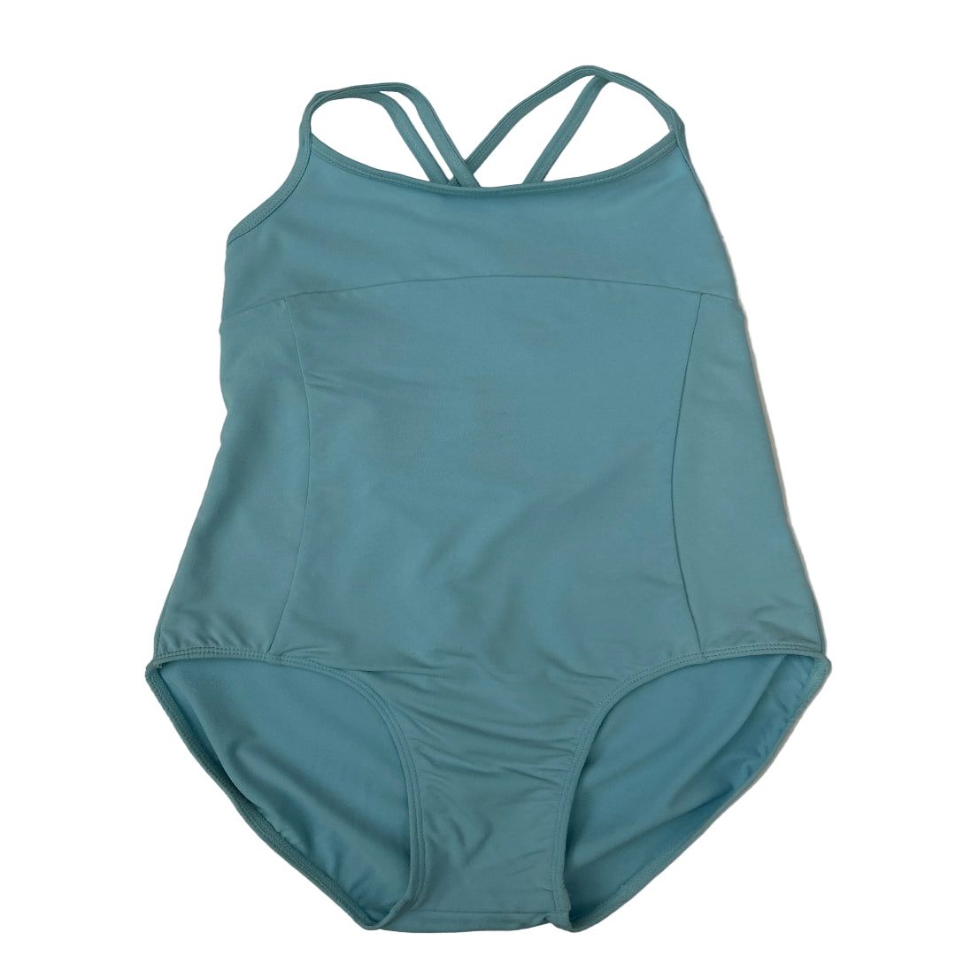 A ballet blue leotard with a crossover back neckline, laid flat on a white background.