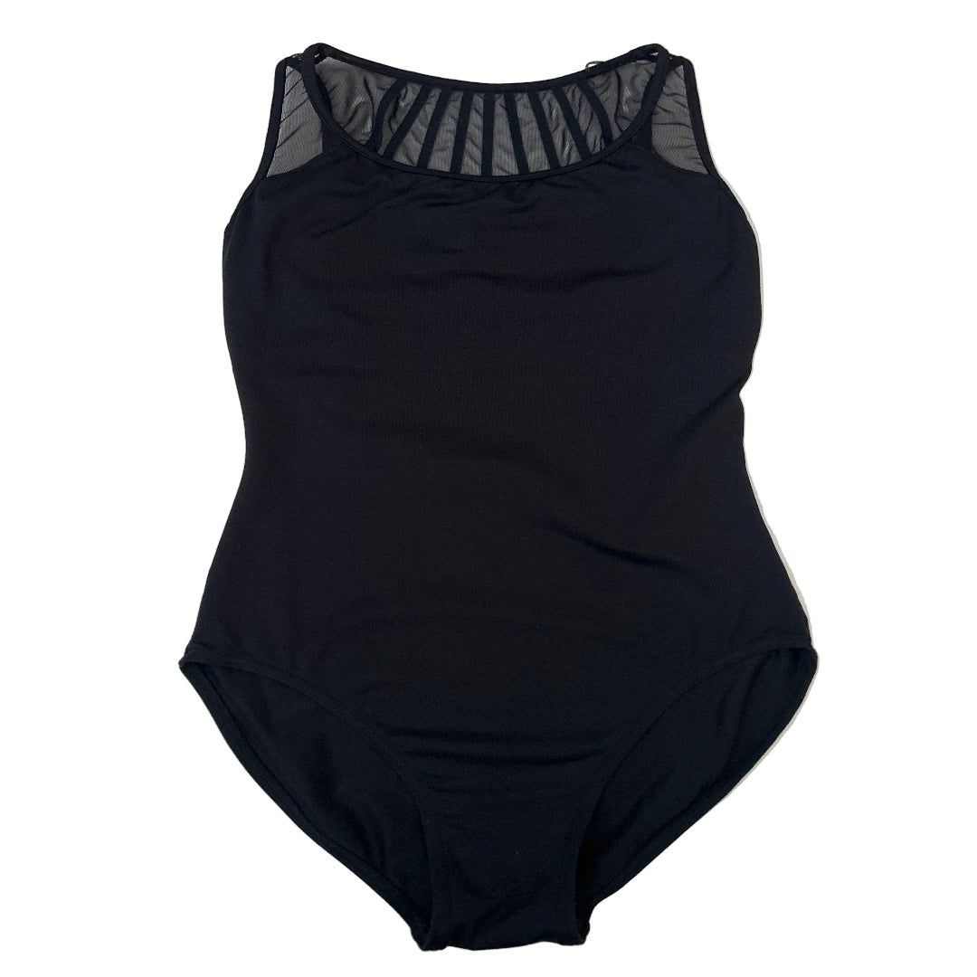 A black sleeveless leotard laid flat on a white surface, featuring a sheer black mesh panels across the upper back.