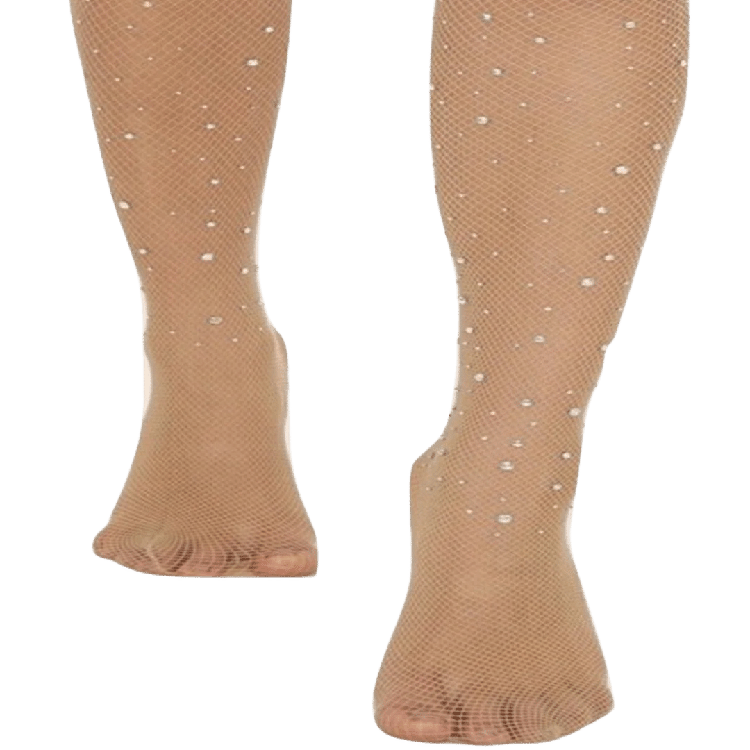 Footed Diamante Fishnet Stockings in Skin-tone