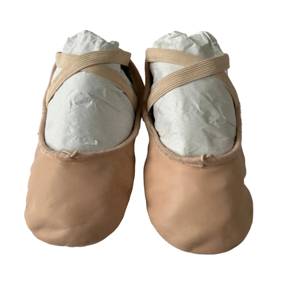 A pair of classic leather ballet shoes with elastic crisscross straps.