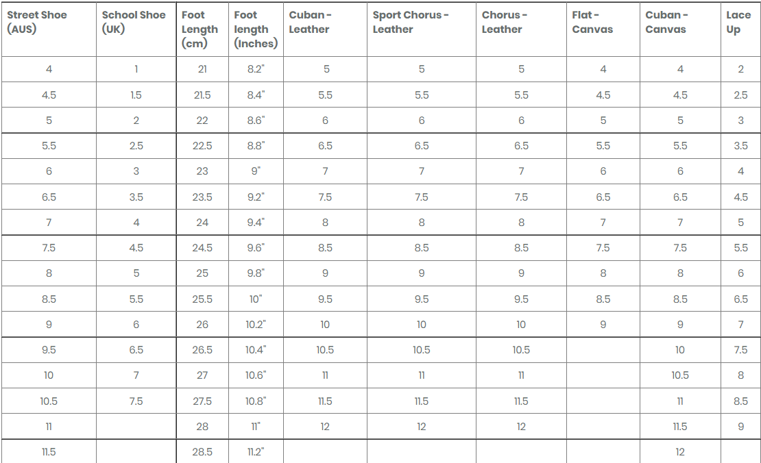 Energetiks Shoe Sizing Chart for Adults