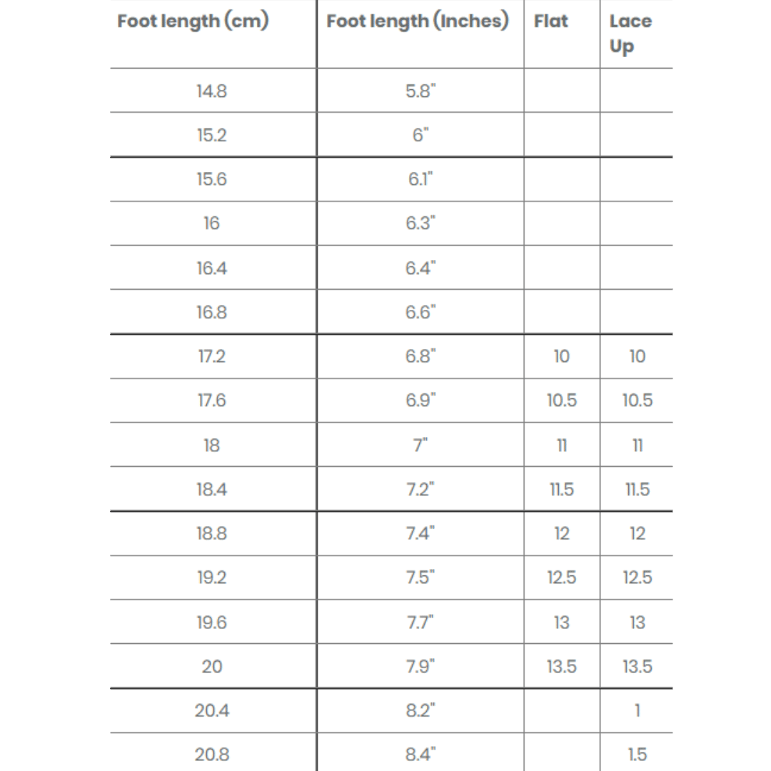Energetiks Shoe Sizing Chart for Kids
