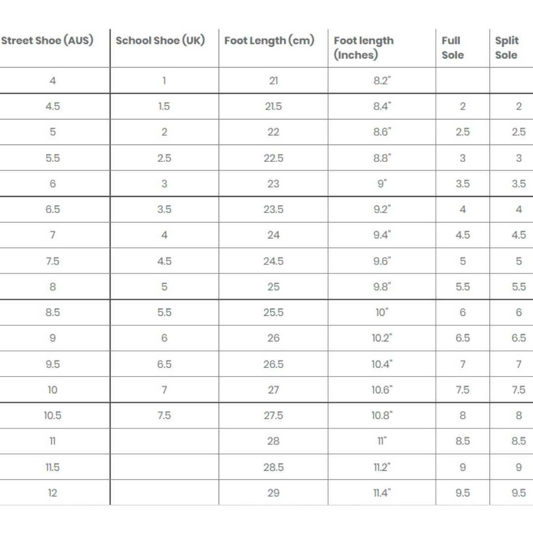 Energetiks Shoe Sizing Chart for Adults