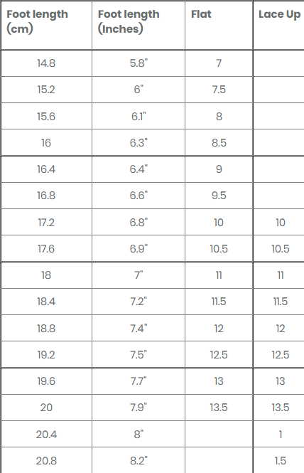 Energetiks Tap Shoe Sizing Chart Kids Sizes
