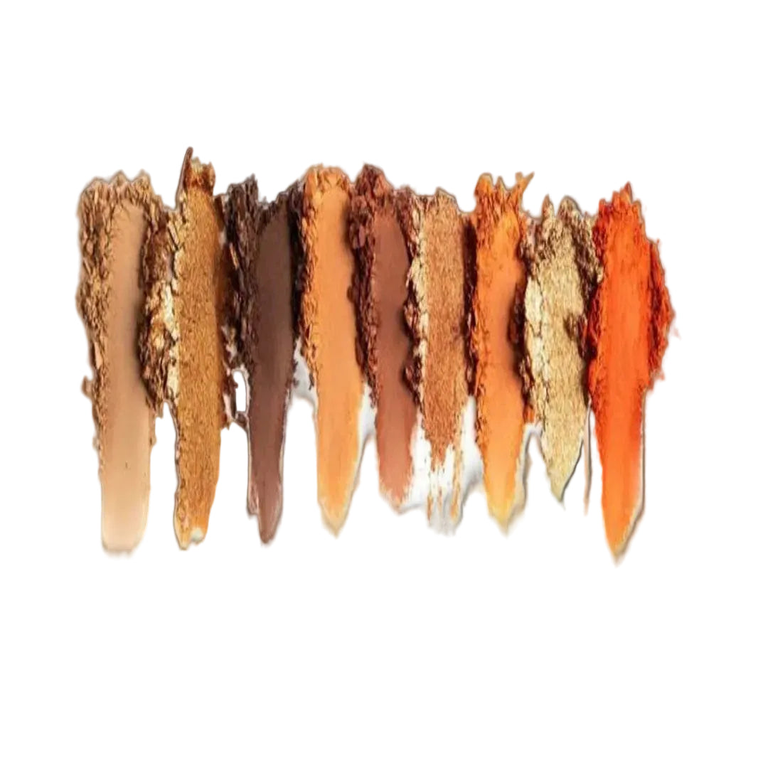 Row of multicolored makeup powders on a white background