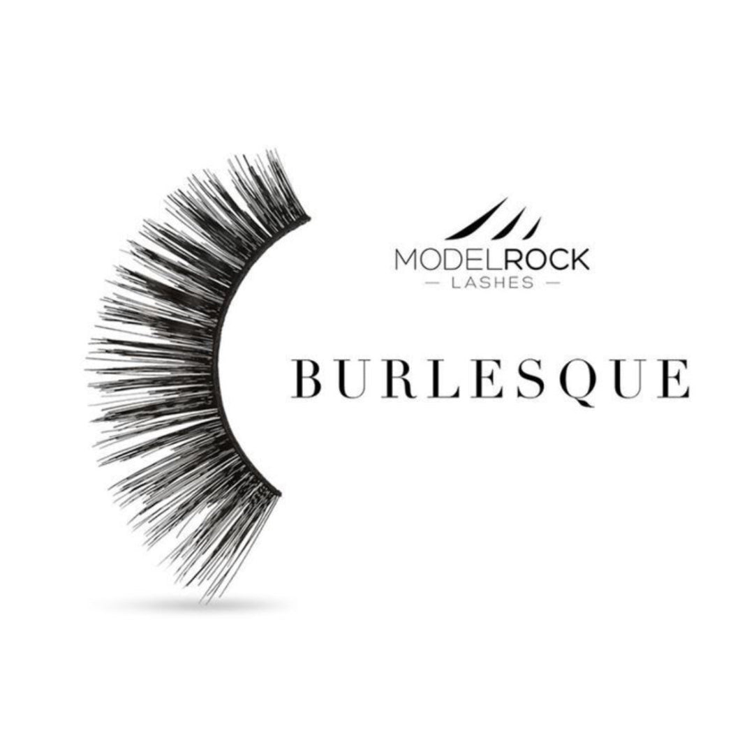 False eyelashes with 'Modelrock Lashes' and 'Burlesque' text on a white background